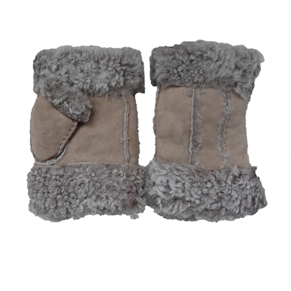 Stock Ladies Lambskin Gloves with Curly Fur Trim Cuff Shealring Sheepskin Fingerless Gloves