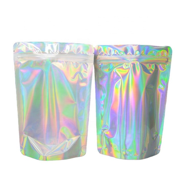 Stand Up Holographic Zipper Packaging Bag Flat Pouches Small Laser Zip Lock Plastic Bags