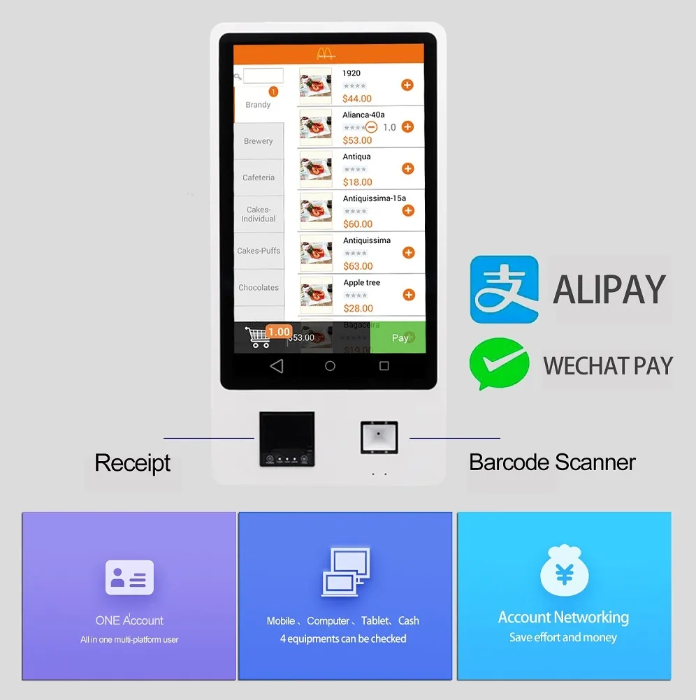Android/Win Based 21.5 inch Self-service POS System for Restaurants and Retail Stores