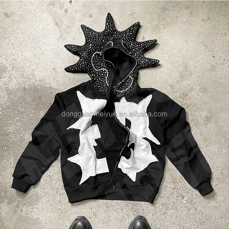 Heavyweight Distressed Applique Embroidery Hoodie Full Face Zip Up Hoodie Anti Shrink