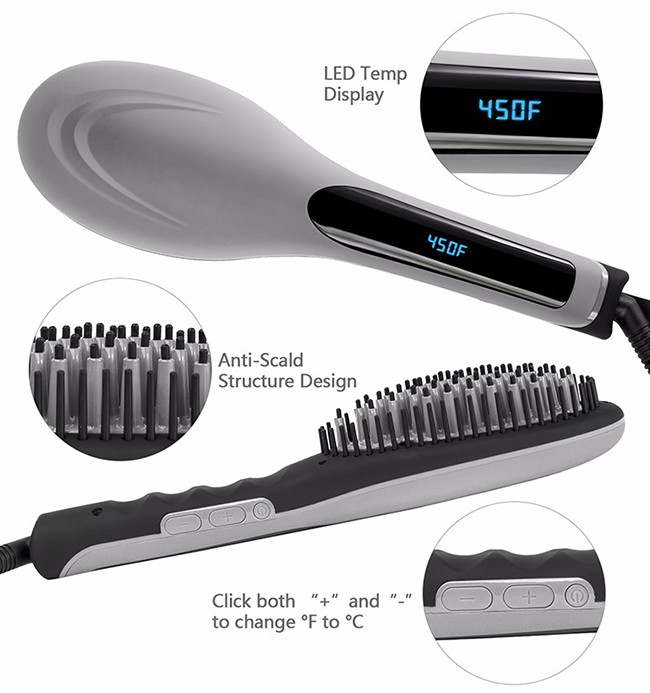 PTC Heater Hair Straightener Brush Comb Anti scald Shell with LCD indicator