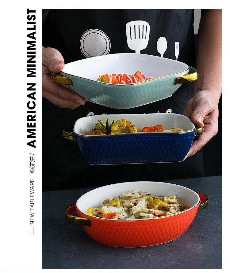 Non Stick Kitchen Ceramic Baking Pans With Gold Rim Nordic Style