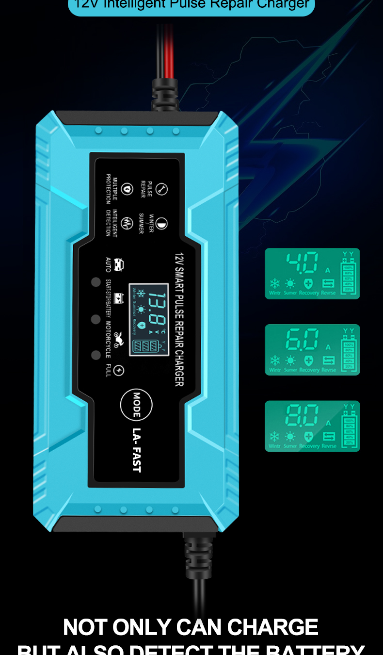 FCP Function 12V/10A Input 12V 24V 8A 6A 10A 15A Car Motorcycle Battery Charger for 12V 2ah-100ah Lead-Acid Dry/Water AGM Battery