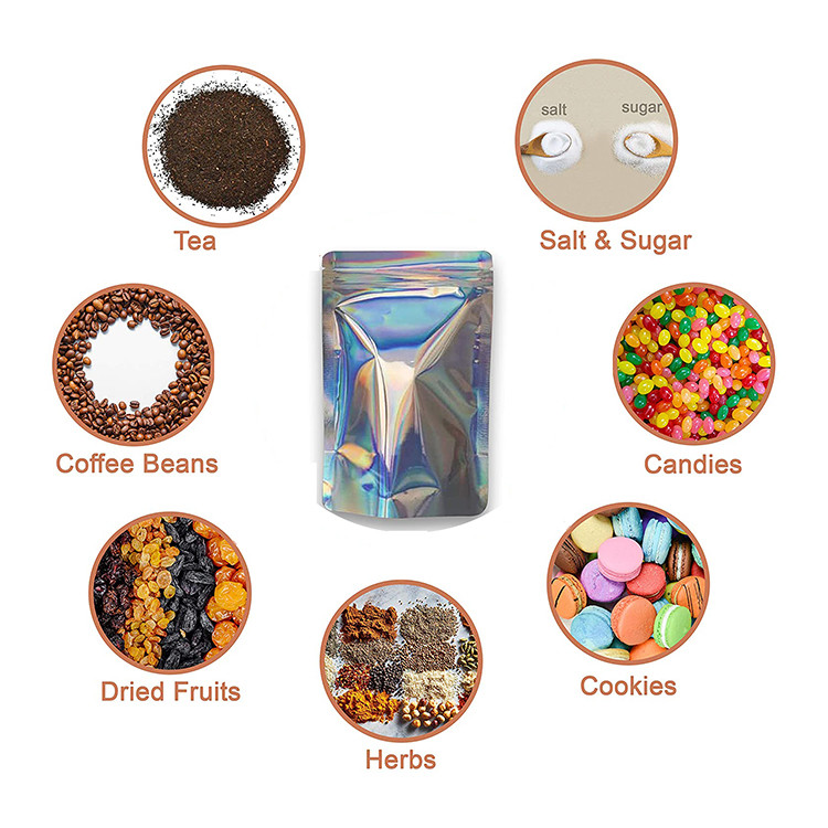 Food Grade Laser Holographic Stand Up Pouch Bagswith Zipper for Candy, Flower, Weed, Bean, Food, Accessories Packaging