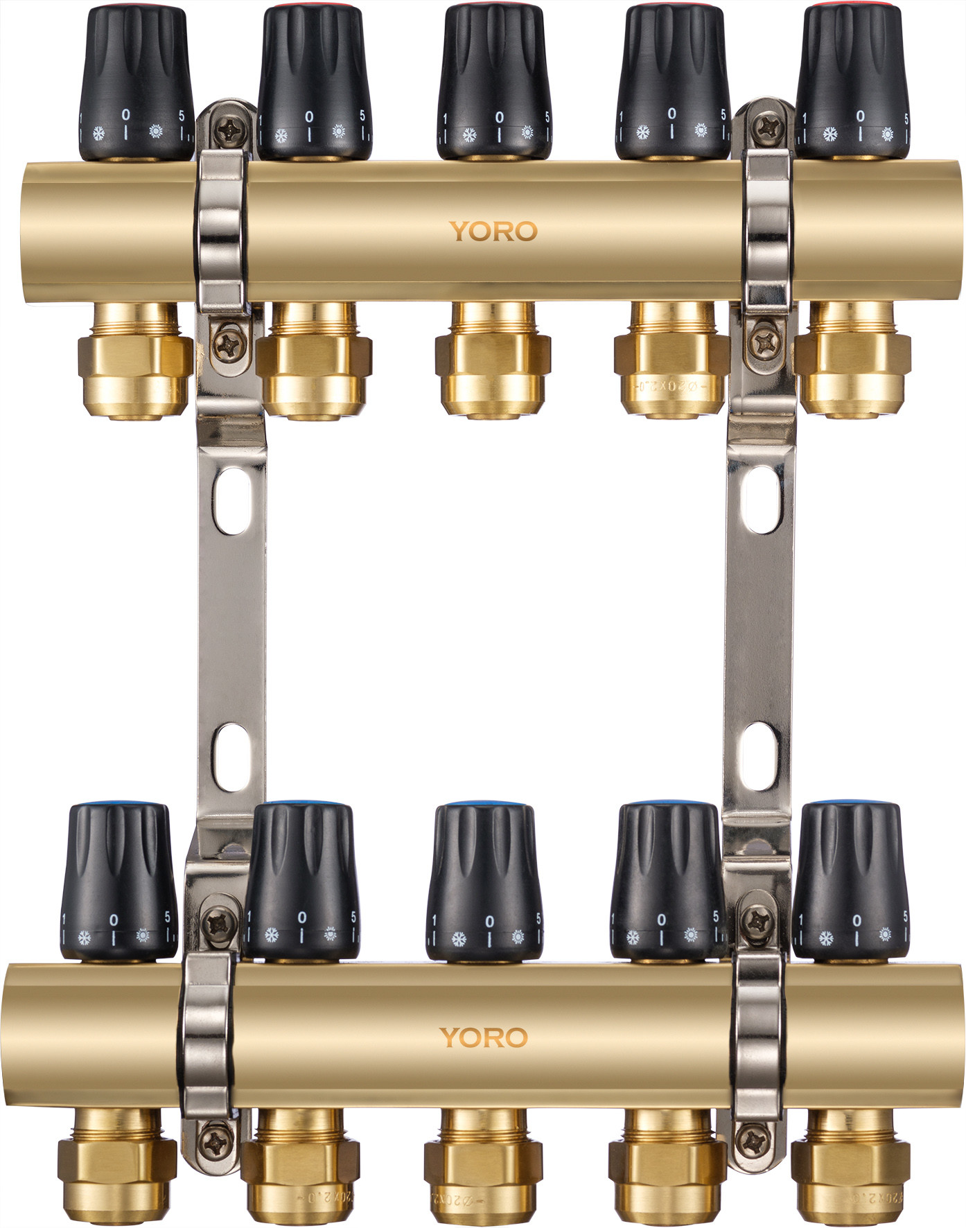 6103 Polished Brass Water Distribution Manifolds available from 2 to 12 Branches with IN/OUT Flowrate regulating handles