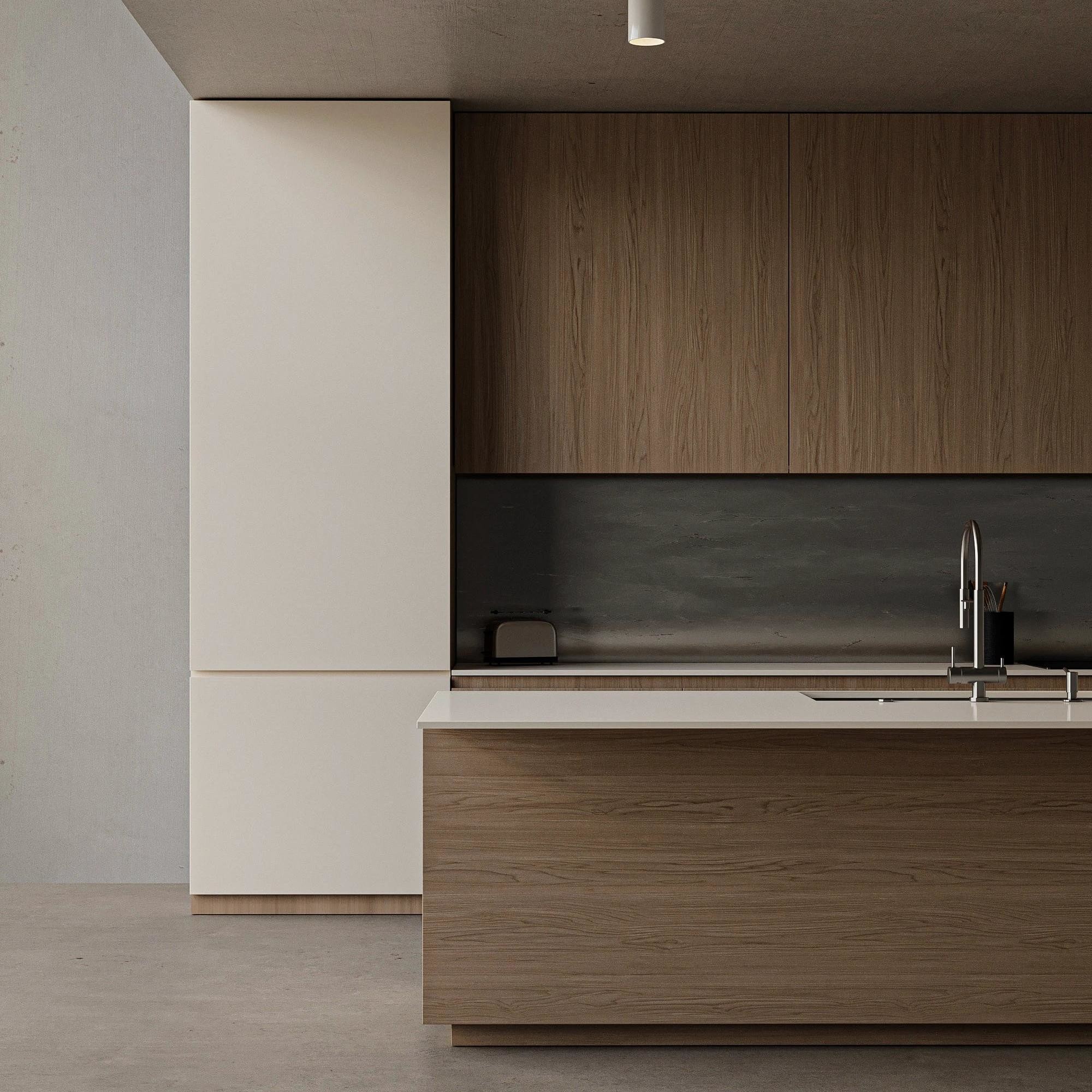 Melamine Finish Wood Grain And Solid Wood Handleless Kitchen Cabinet For Villa