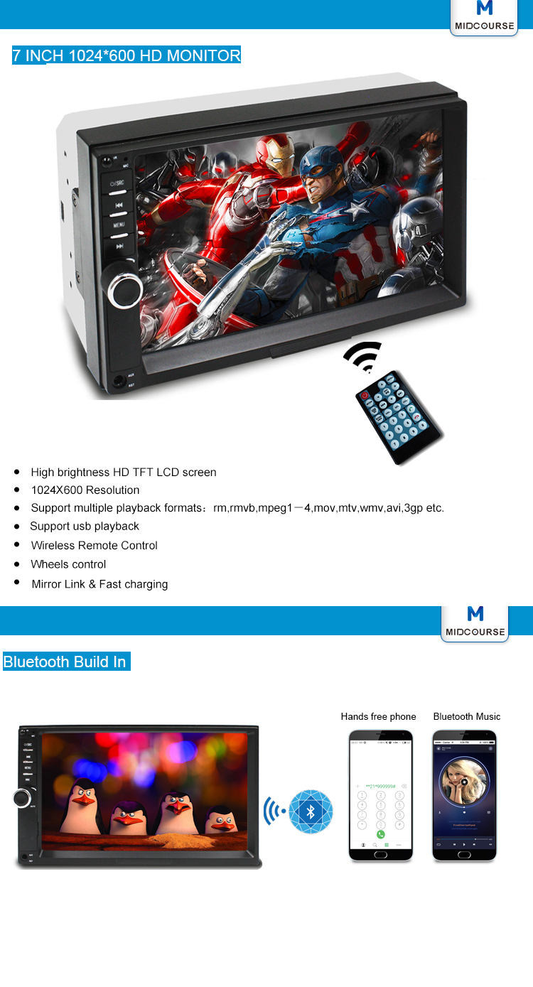 Universal wholesalecar mp5 player 2 din stereo car with fm modulato/blutooth