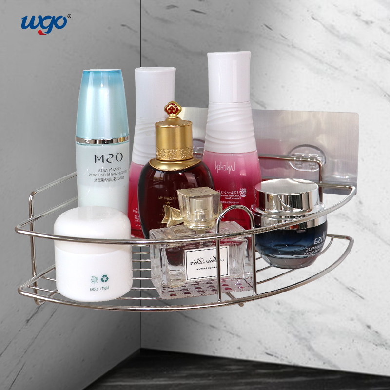 Stainless Steel Wall Mounted Corner Basket Damage Free Hanging Bathroom Corner Shelf Adhesive