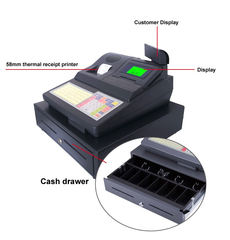 POS Terminal with 58mm Printer 128mm * 64mm Display and 3 Bills 5 Coins Cash Drawer