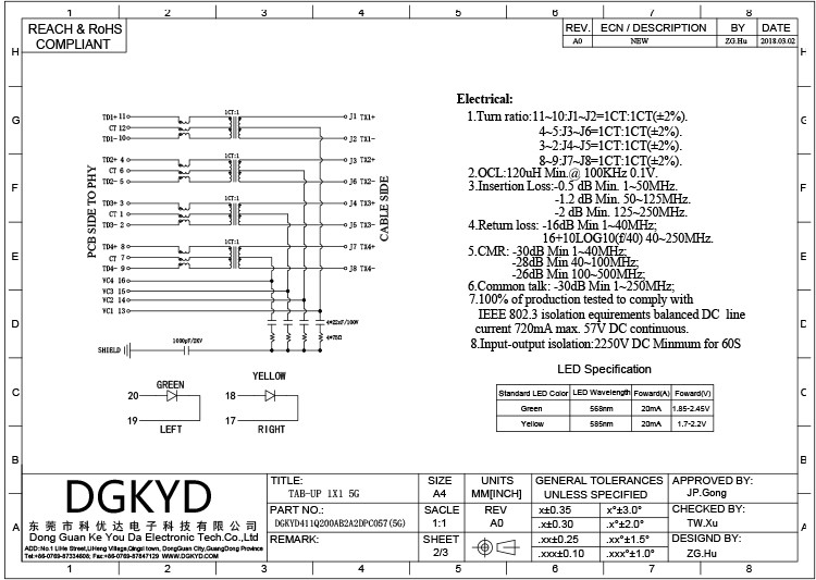 DGKYD411Q200AB2A2DPC057 50U 5G RJ45 Shielded Connector Single Port RJ45 Network Connector
