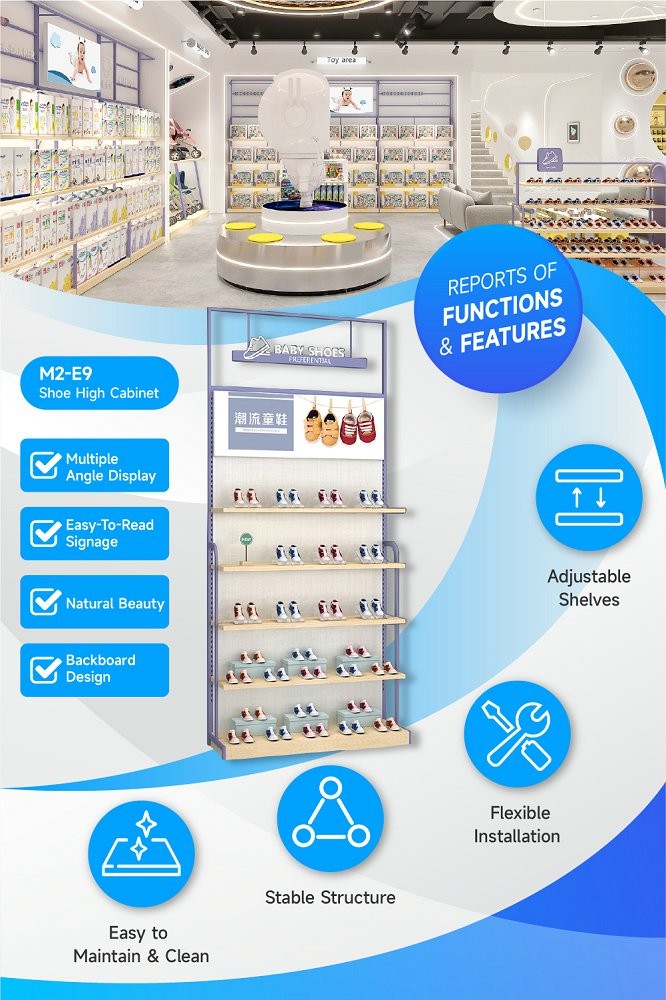 M2-E9 Children's Clothing Retail Store Shoe Cabinet with Porcelain White Acrylic Letters and Adjustable Shelves