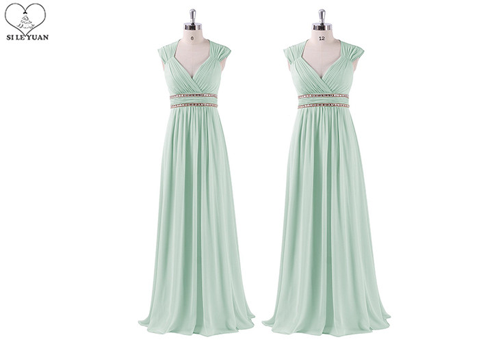 V Neck Girls Bridesmaid Dresses Waist Beading Sleeveless Back Hollow Out Chiffon