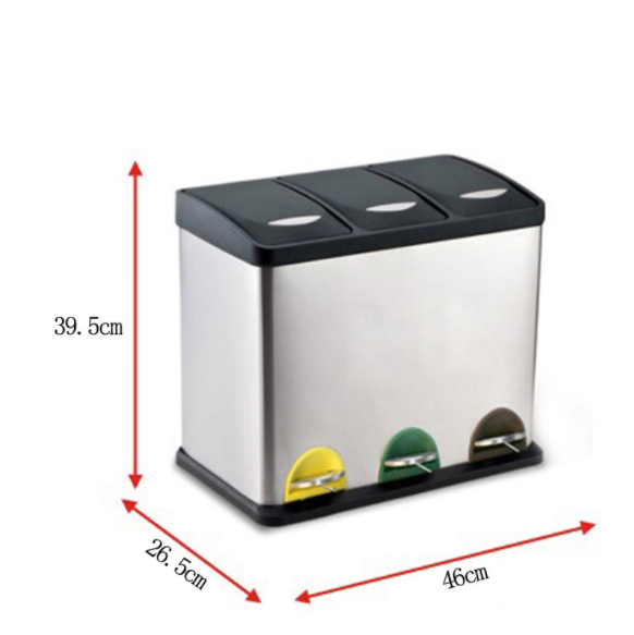 24L Three Compartment Foot Pedal Waste Bin Ashcan Stainless Steel Trash Can