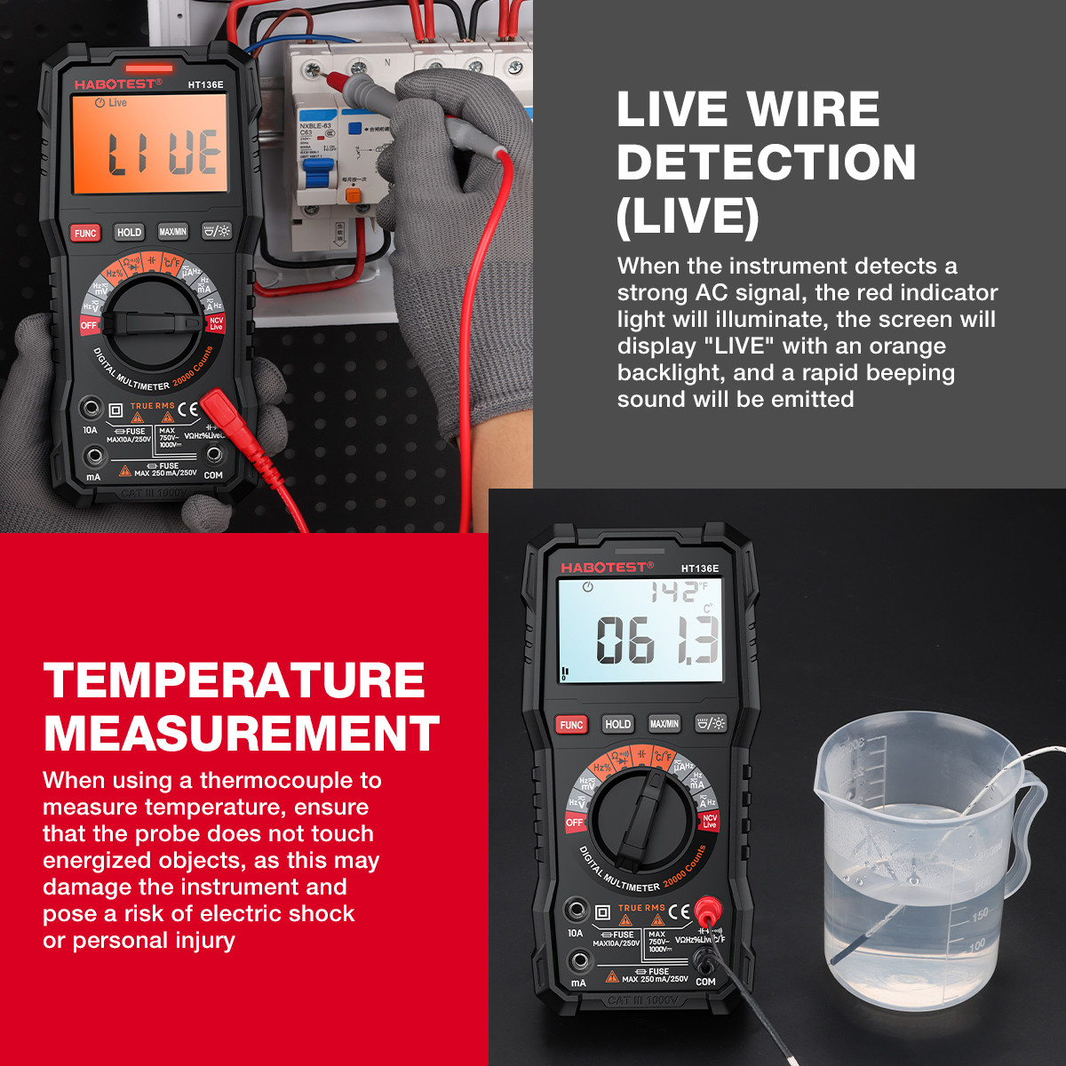 Ammeter HABOTEST HT136E/A Digital Multimeter 20000 Counts Voltage Current Detector Capacitance Resistance Frequency Temp Test