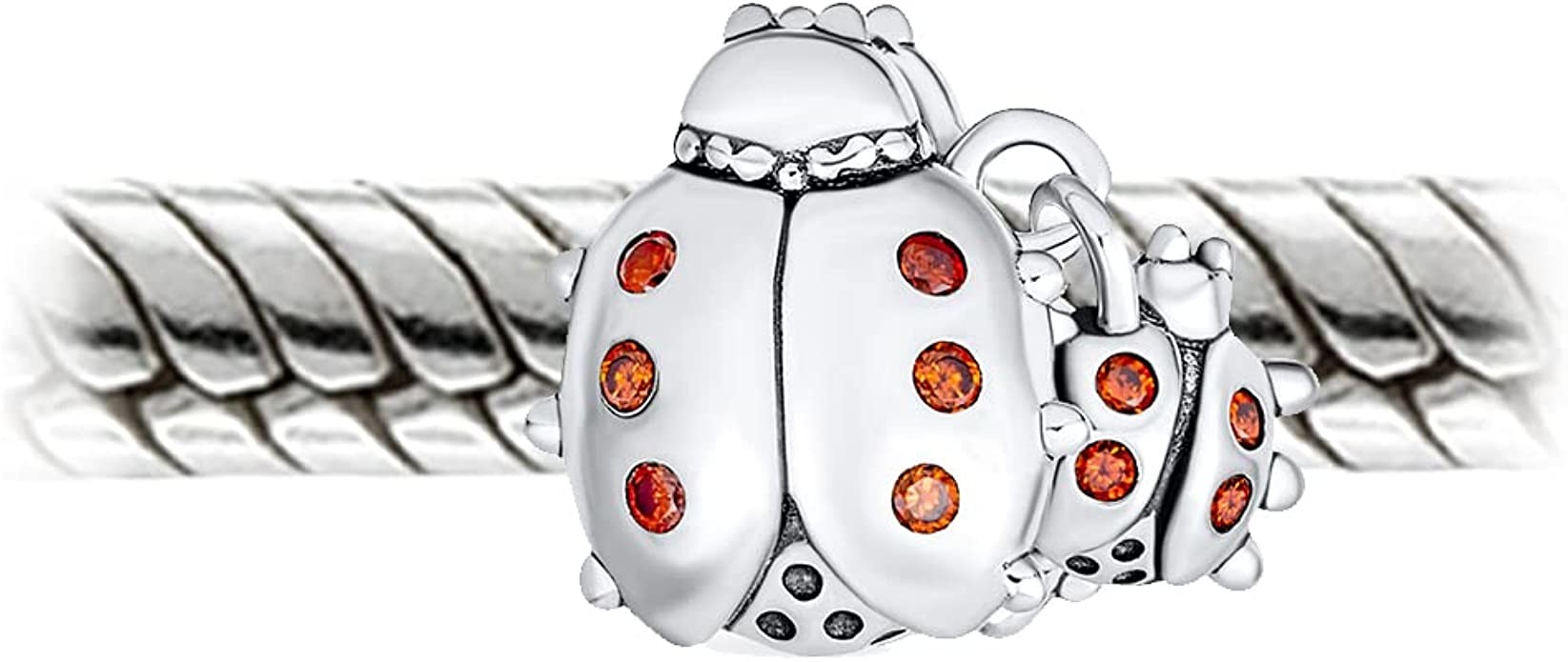 Insect Garden Mother Baby Ladybugs Red CZ Dangle Charm Beads Good Luck