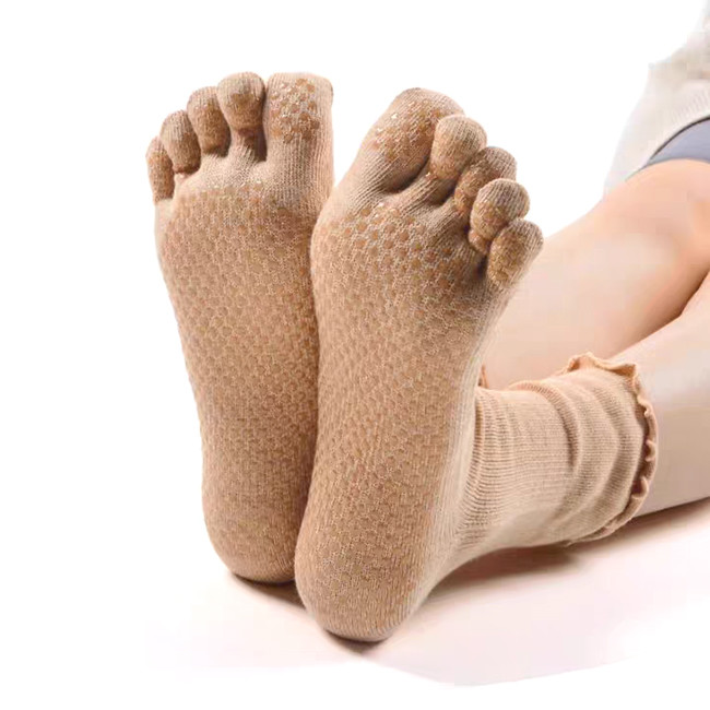 Women Ruffle Cuff Non Slip Yoga Socks Five Toe Grip Pilates Socks