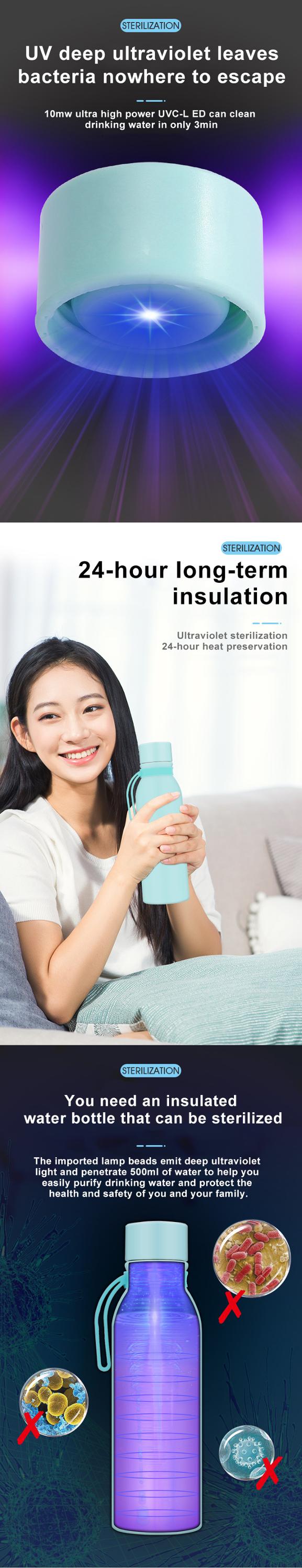 650Ml SS304 Uv Sterilizer Water Bottle With PP Lid