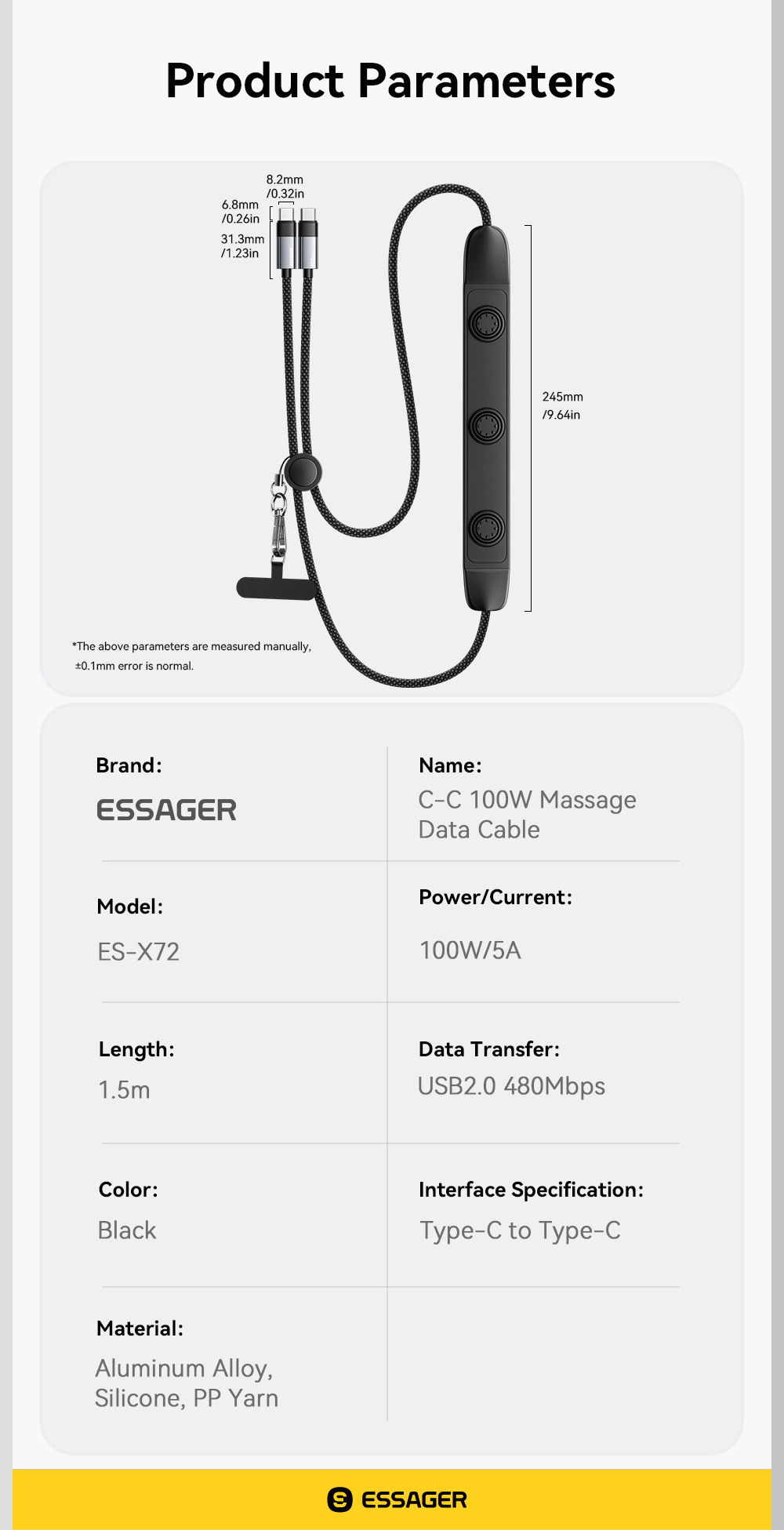 ESSAGER ES-X72 2 in 1 Massage Charging Usb C Cable 5A PD 100W Charger Type C to Type C Data Cable with Massage