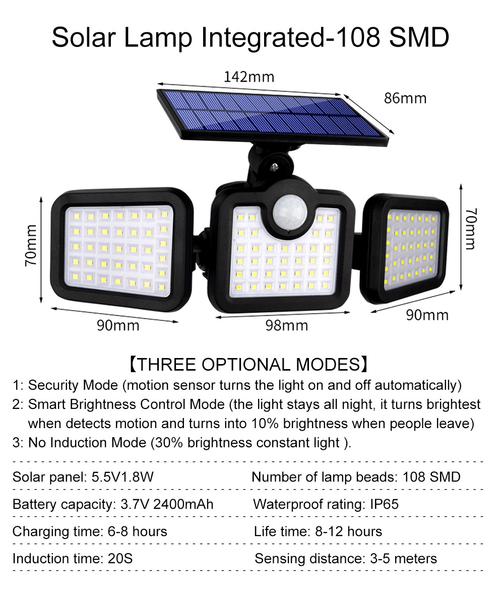 6500K 1.8W Outdoor LED Solar Lamp 270 Wide Angle 3.7V 2400mah