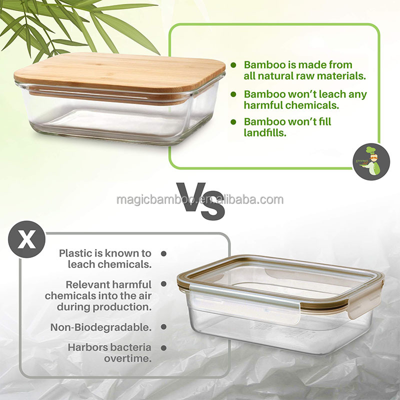 Kitchen Square Glass Jar Lunch Box Container With Bamboo Lid Customizable and Durable