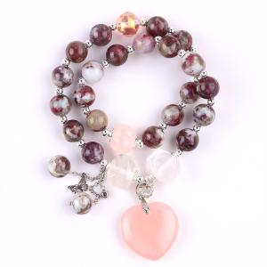 China Pulm Blossom Tourmaline Rose Quartz  Heart Dangle Charm Stretch Double Layer Bead Bracelet on sale