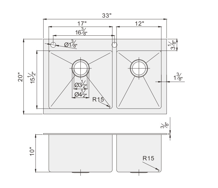Topmount Kitchen Sink With Drainboard 33''X20''X10'' For Bathroom
