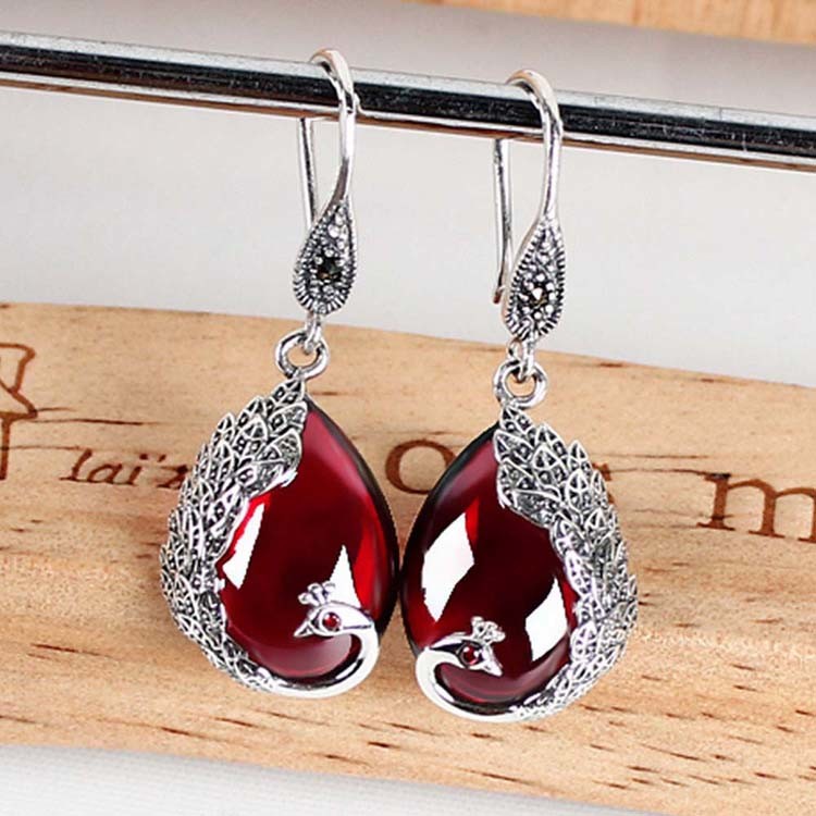 Thai Sterling Silver Red Chalcedony Drop Retro Earrings (E170619RED)