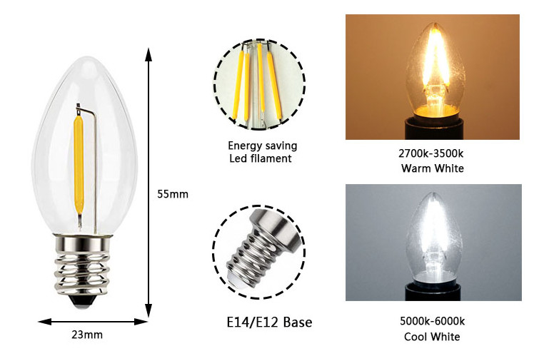 240V 220V Dimmable Led Edison Bulbs C7 E12 1W LED Filament Bulb