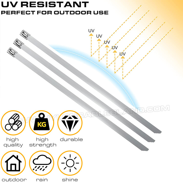 7.9mm Width Self-locking Metal Cable Ties, 100-1000mm Length Ball-locking Tie Straps Stainless Steel 304/316/316L