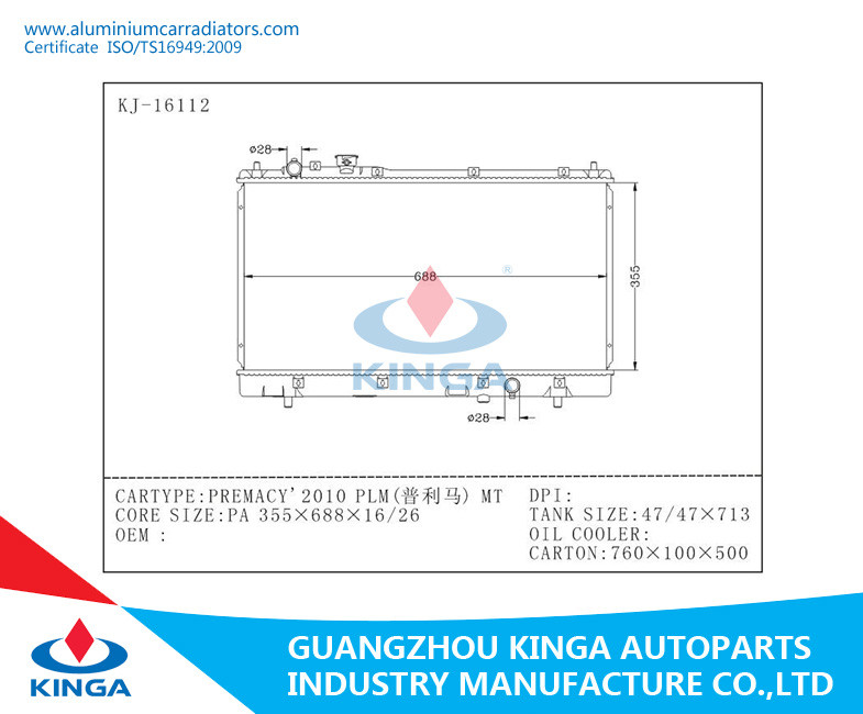Kinga Aluminium Mazda Radiator For PREMACY'2010 PLM , Aluminium auto radiator