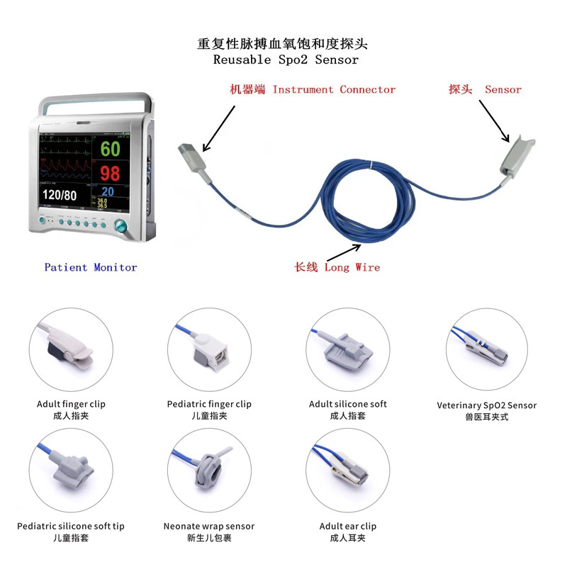 10 Ft Grey TPU Adult Spo2 Sensor 8 Pin D Shaped Male Connector