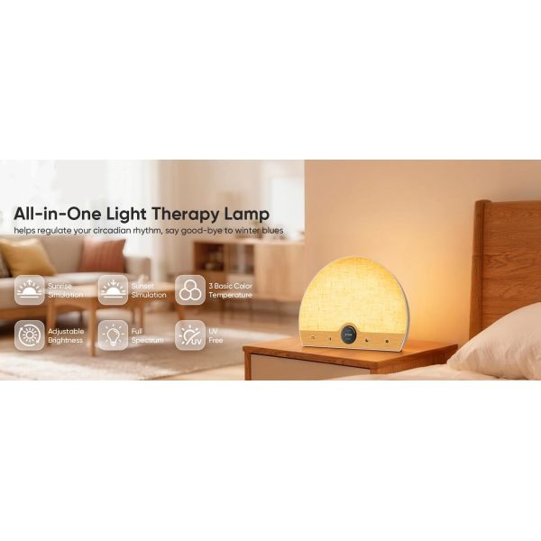 10000 Lux Wake Up Light Therapy Lamp with Sunrise Alarm Clock - 3 Color Temperature & Dimmable Brightness