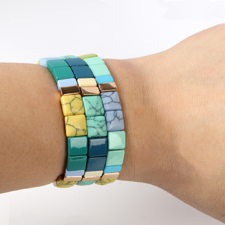 Square Shaped Enamel Tile Bead Bracelet Elastic Natural Stone Print Color