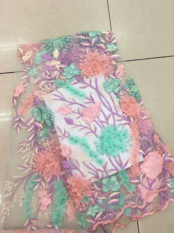 Bead Embroidered Lace Fabric, Scalloped Multi Color 3D Flower Lace Fabric For Dress