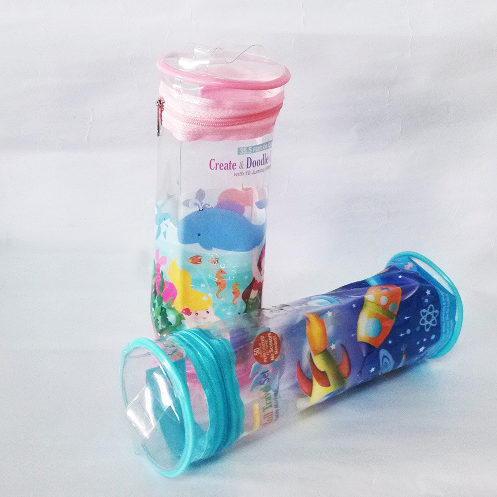 OEM Round PVC Pencil Bag / PVC Stationery Bag Cute Printing With Zipper