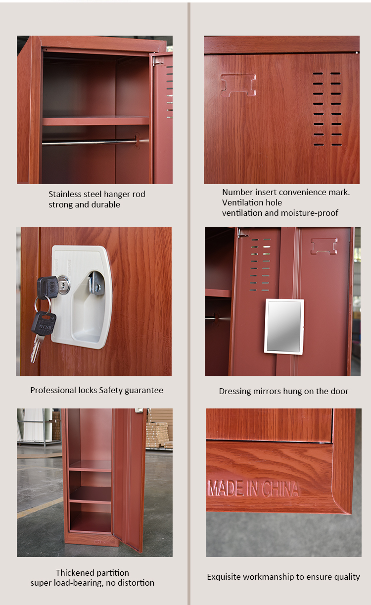 Single Door Clothes Wardrobe Metal Bedroom Locker With Wooden Color