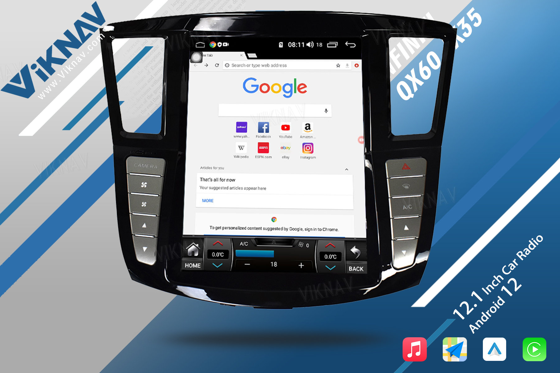 Viknav 12.1 Inch Car Multimedia Stereo Radio For Infiniti QX60 JX35 2012-19 Android DVD Player GPS Navigation Head Unit