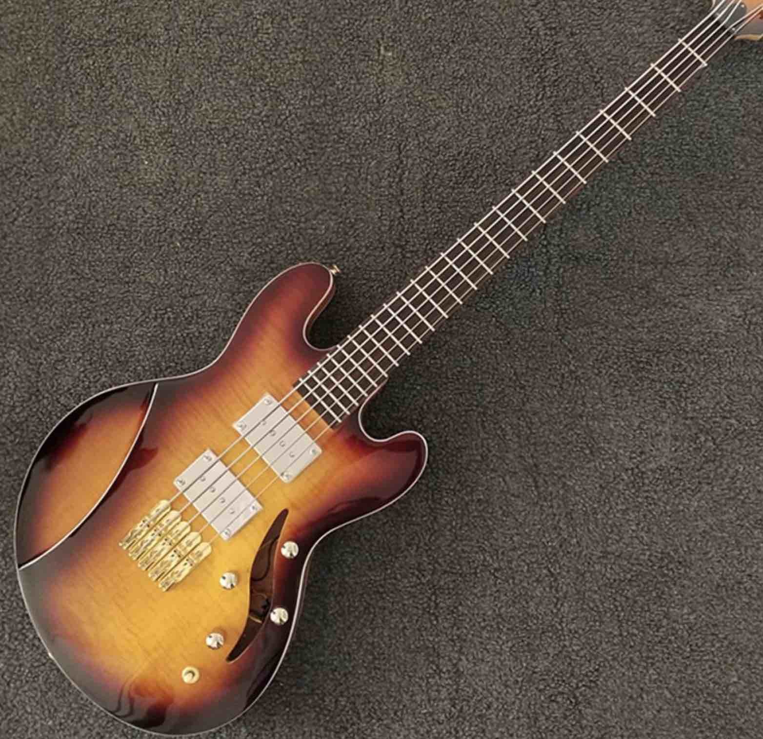 5 Strings Bass Guitar CS Color Electric Guitar,Flamed Top Natural Color Back Hollow Body Golden Hardware Free Shipping