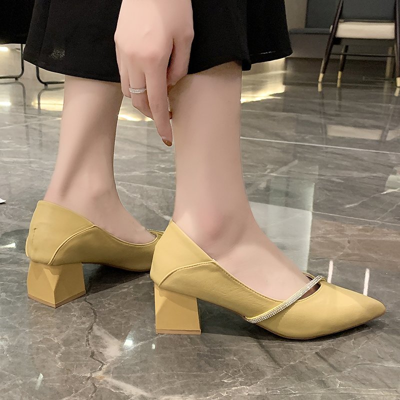Elegant Office Spring Pointed Single Ladies Casual Leather Shoes 4cm Square Heel