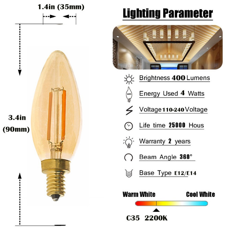4W C35 Gold Tint 2200K E14 220V LED Filament Bulb amber led filament candelabra light bulb