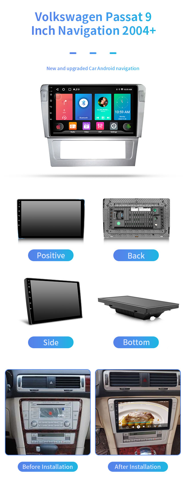 Android Car Bluetooth Navigation 9'' 4 Core For Volkswagen Passat 2004+