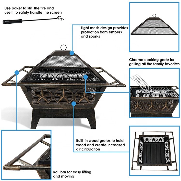 32 Inch Large Portable Charcoal Square Fire Pit Wood Burning Patio