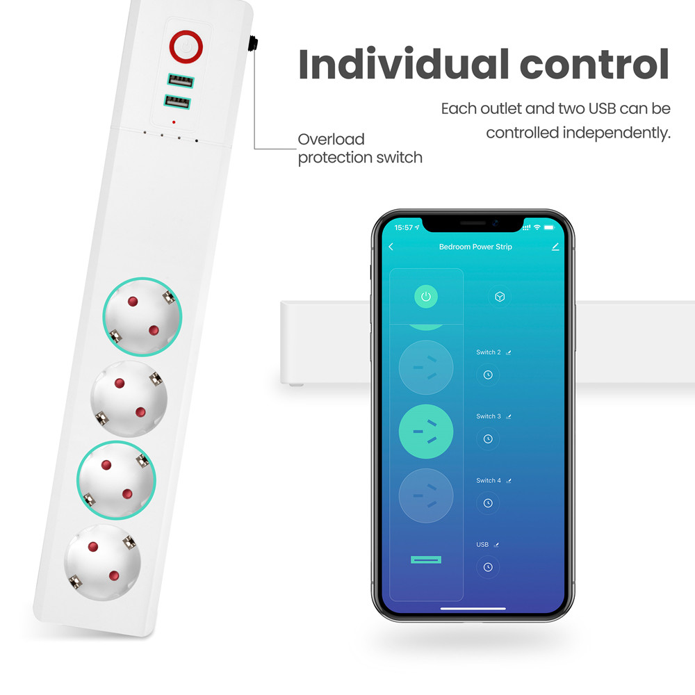For Tuya Smart Life App Controlled Protector Eu Standard Smart Wifi Power Strip 16A With Power Consumption