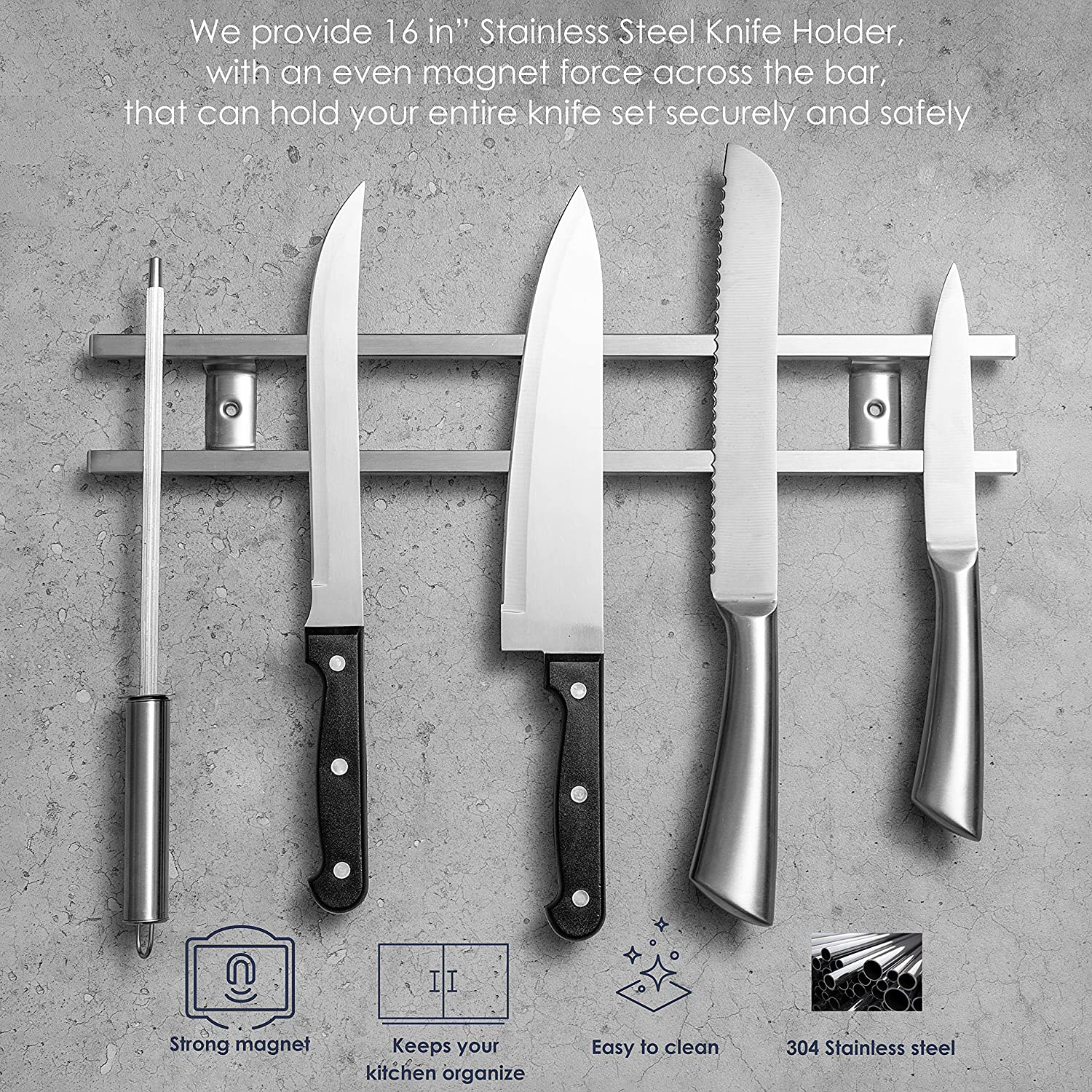 Sturdy and Durable 18 Inch Square Tubes Stainless Steel Magnetic Knife Holder with Hook