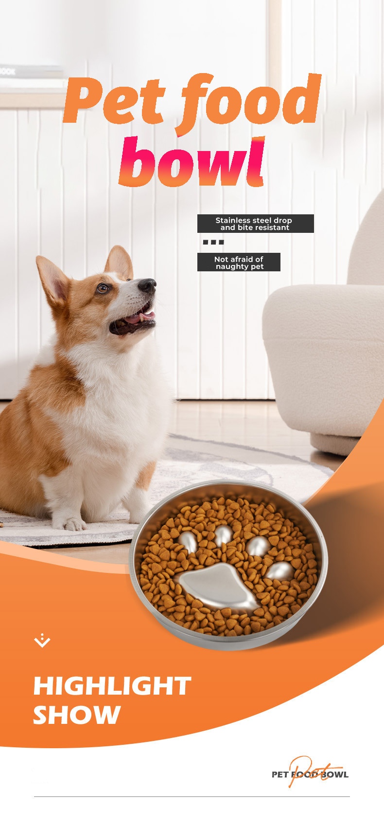 Stainless Steel Pet Bowl Anti-Upset Non-Slip Anti-Choking Slow Food Bowl