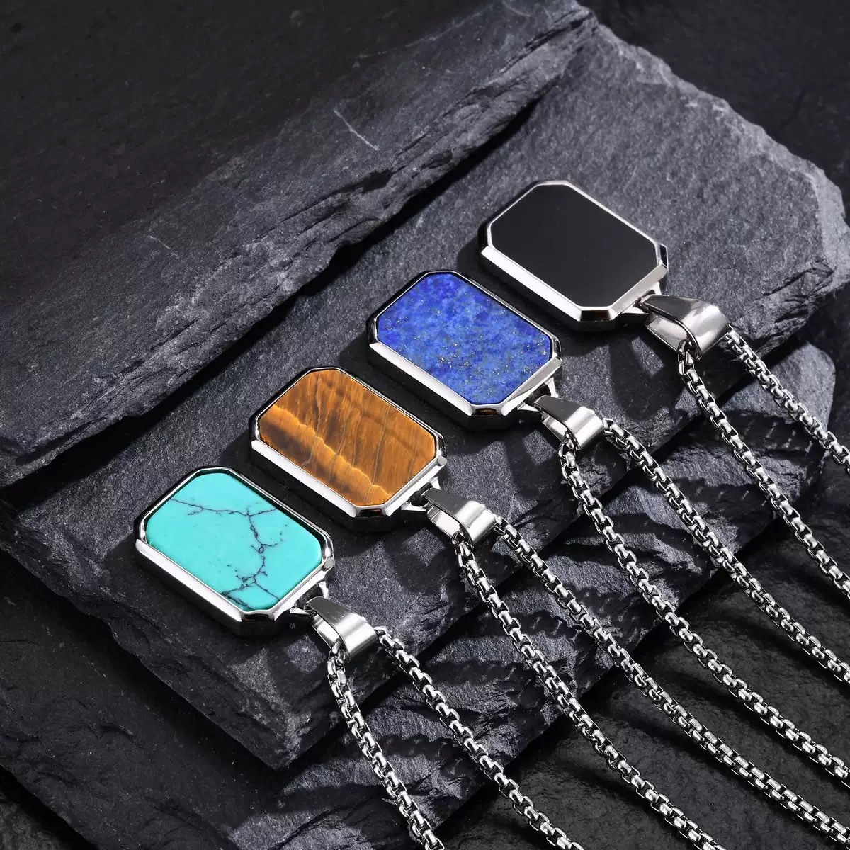 Rectangular Stainless Steel Men's Pendant with Inlaid Enamel Polished Finish 60cm Length