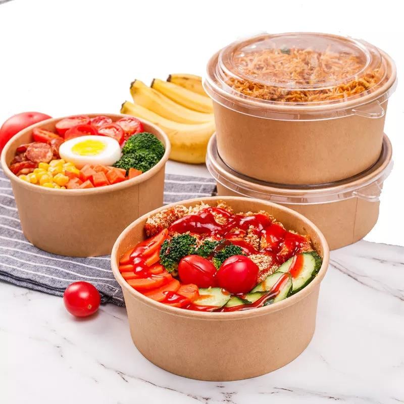 Custom Shaped Biodegradable 30oz Disposable Kraft Paper Sugarcane Bagasse Fruit Paper Salad Packing Bowl With Lid