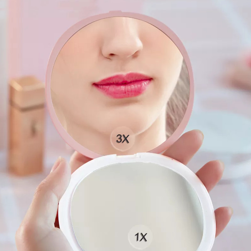 Upscale Thin Makeup Mirror 1X/3X Glossy LED Light Compact Mirror Light USB Rechargeable