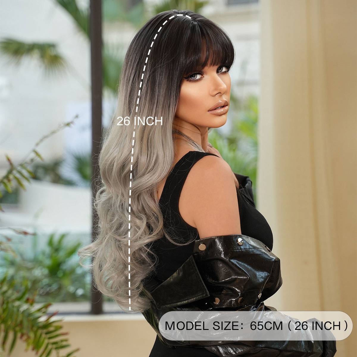 Fashion Long Body Wave Dark Root Hair Black/Grey Synthetic Wigs For Women