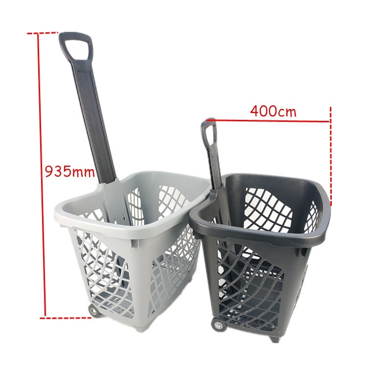 Large Capacity Supermarket Telescopic Handle Plastic Shopping Baskets With 4 Wheels